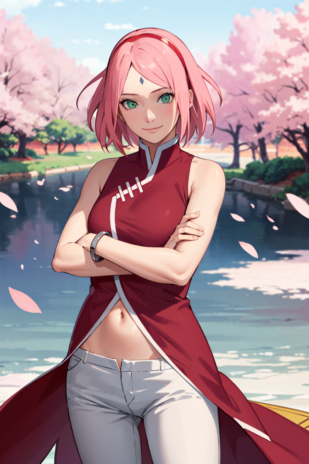 20422-2384249377-masterpiece, absurdres ,1girl, haruno sakura,forehead mark, red hairband, red sleeveless dress, white pants,navel,   groin,   br.png